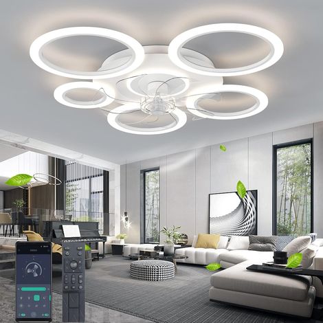 Plafond silencieux avec Lumière avec télécommande et éclairage APP Dimmable Couleur Luminosité 70W Créatif Acrylique Forme de Fleur Plafonnier avec Ventilateur (Blanc-90CM) (1/5)