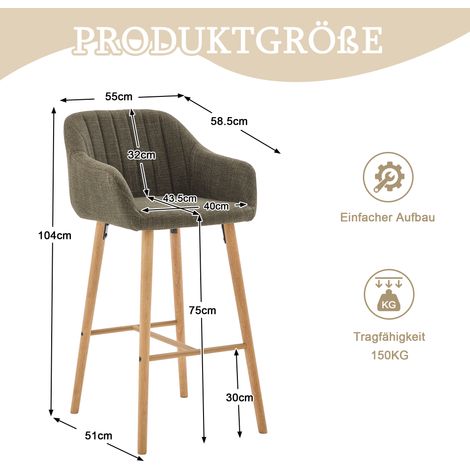 Tabourets de bar de style européen, accoudoirs, assise recouverte de lin et pieds en bois, Lot de 2 tabourets de bar (lin vert) (1/5)
