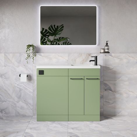 Napoli 250 Olive Green 1000mm 2 Door Vanity Unit Toilet Suite with Round Silvo Basin - 1000mm - Matt Black 160mm HandleWithout Jubilee Toilet Pan