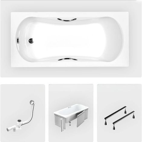 Rechteckige Badewanne - 140 x 70 cm - mit Polystyrol-Verkleidung - Füße - Griffe - Chromablauf - ARIA PLUS