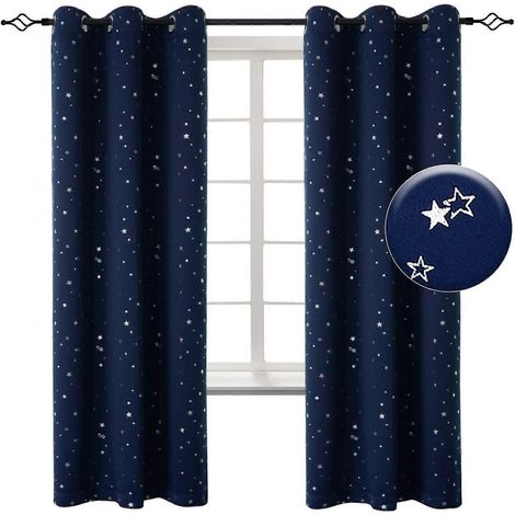 Rideaux occultants pour chambre de garçon - Rideaux à œillets thermiques isolants, imprimé étoiles argentées, pour salon, lot de 2 panneaux (bleu marine) (1/4)