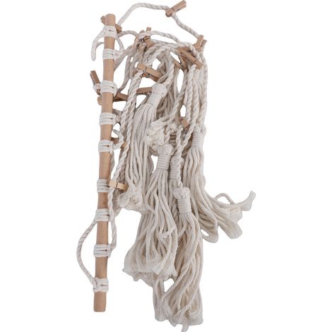 Présentoir photo mural bohème en macramé avec support pour cadres photo et cartes lumineux, idéal pour la décoration de chambre, avec 20 pinces en bois beige. (1/5)
