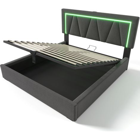 Doppelbett 140x200 aus grauem Leinen mit LED, USB/USB-C, verstellbarem Kopfteil, Lattenrost (1/5)