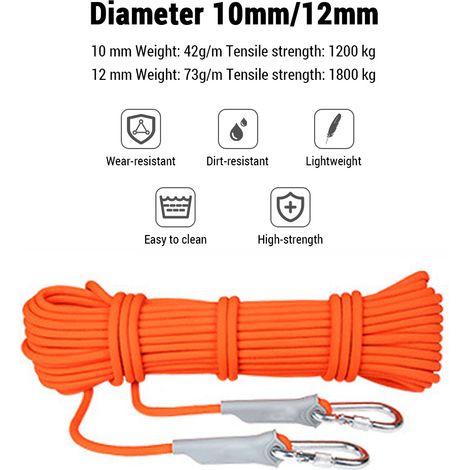 Corde de sécurité pour l'escalade, corde de sauvetage, corde d'assurance, diamètre extérieur, résistance à la traction 1200/1800 kg, équipement de survie et de sécurité pour le camping (1/2)