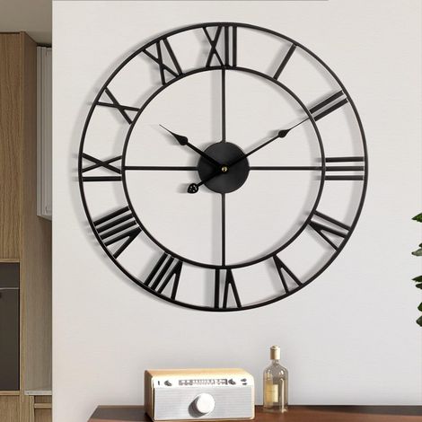 Reloj de pared para decoración de sala de estar, funciona con pilas, 40 cm (negro), números romanos retro, grande, moderno, redondo, silencioso, de metal, ideal para sala de estar, dormitorio o cocina (1/5)