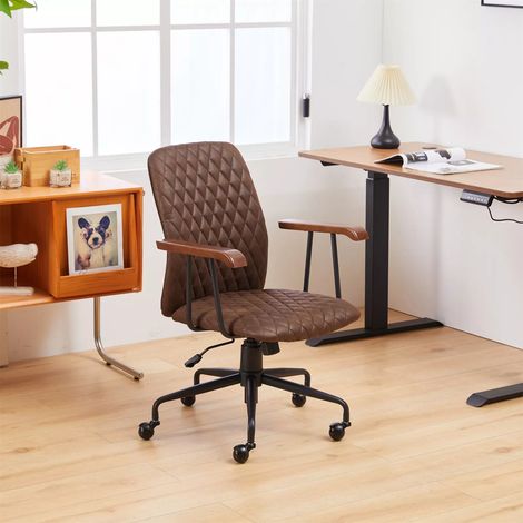 Office Chair Padded Swivel Armchair w Wheel Metal Armrest - Brown (1/5)