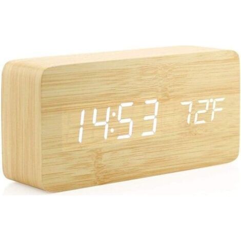Horloge en Bois Réveil numérique en Bois créatif Réveil LED Multifonctionnel élégant avec Alimentation USB Commande vocale - Bois de Bambou (1/5)