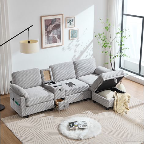Sofa grande in corduroy 266/136/82 cm grigio chiaro con console scorrevole, USB-C e contenitore (1/5)