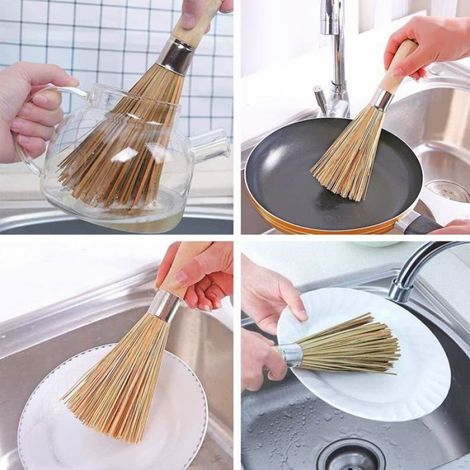 Ensemble de 3 brosses à wok en bambou - Brosse de nettoyage pour wok et poêle - Brosse de nettoyage de cuisine en bois avec long man (1/4)