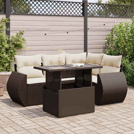 Set comedor de jardín 5 piezas y cojines ratán sintético marrón vidaXL (1/5)