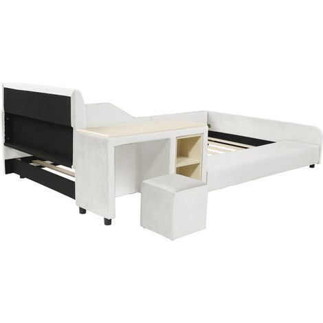 Cama infantil 90x200 cm en terciopelo blanco con escritorio, taburete y estante (1/5)