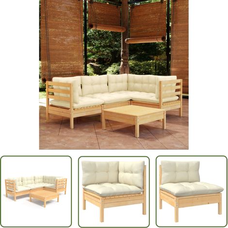 The Living Store 5-tlg. Garten-Lounge-Set mit Creme Kissen Kiefernholz - Gartensessel - Lounge Set - Gartenmöbel - Outdoor Möbel - Rattan Sessel (1/5)