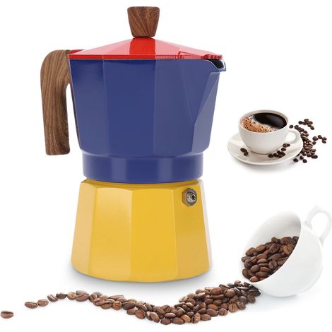 Cafetière italienne 150 ml (3 tasses) en aluminium, à valve unique, portable, pour la cuisine cubaine, le brassage maison et le camping. Couleurs disponibles : rouge, bleu et jaune. (1/5)