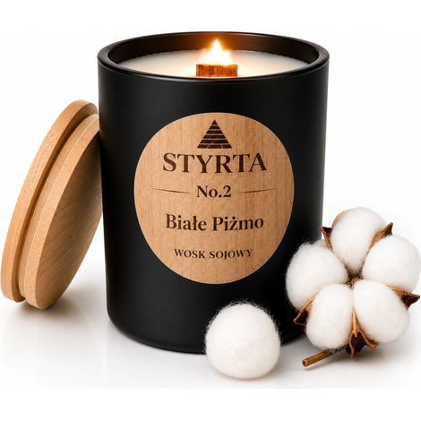 Vela de soja de lujo con almizcle blanco, 200 ml, en vaso de vidrio negro con bambú n.° 2 (1/5)