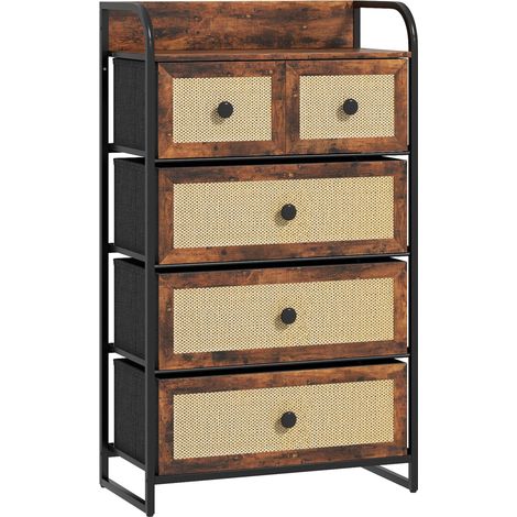 Commode 5 tiroirs avec façades en rotin et structure en acier, 58 x 29 x 99 cm, marron rustique