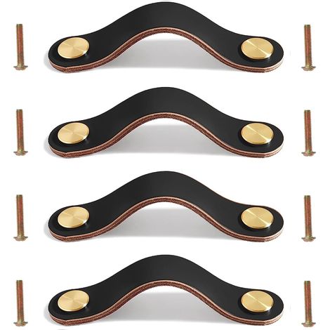 Poignées Cuir de Placard 4 Pièces pour Tiroir, Boutons de Porte, Meuble - Délicat avec Vis pour Armoires de Cuisine 16.8cm Noir (1/5)