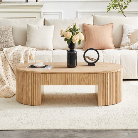 Mesa de centro ovalada (118x65x17 cm), con cajón extraíble, diseño acanalado, MDF, color madera (1/5)