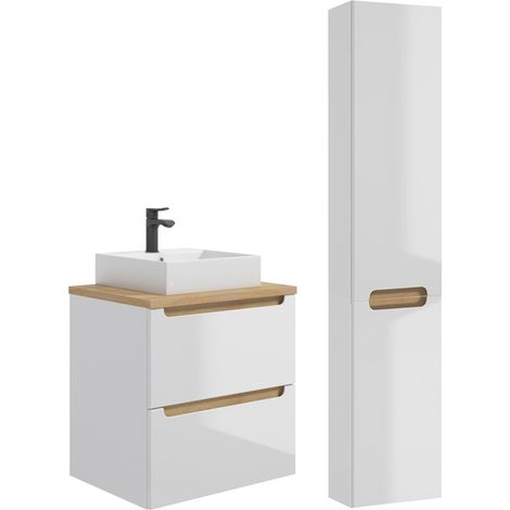 Ensemble meuble simple vasque 60cm 2 tiroirs et colonne Livia Blanc et Bois (1/5)