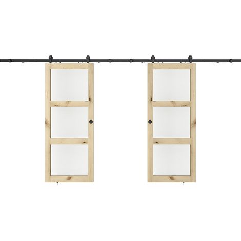 Porte coulissante double avec système en applique en bois et verre trempé - 3 fenêtres - 2 x H205 x L93 cm - ACOSTA II (1/3)