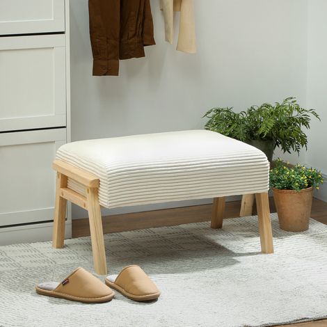 Sitzhocker Hocker mit weichem Sitzkissen Holzbeinen Fußhocker mit Cordoptik Cremeweiß