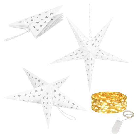 Stella di carta natalizia bianca 3D da 25 cm e luci dell'albero di Natale a 10 LED calde bianche