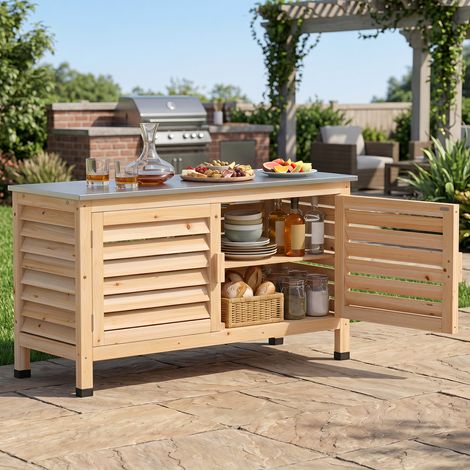 Patio Storage Cabinet with Stainless Steel Countertop and L-Shaped Shelf for Garden-Natural (1/5)