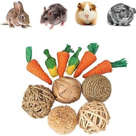 Jouets de cochon d'Inde, jouets de carotte à macher pour hamster, 11 pièces jouets de hamster pour les soins dentaires, jouets pour petits animaux, balle en rotin naturel, boule d'herbe à macher-Fei Y (1/5)