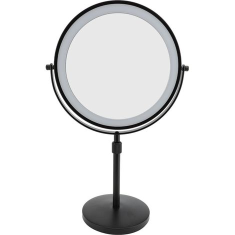 Specchio per il trucco illuminato da 22 cm, altezza regolabile, specchio ingranditore a doppia faccia con 3 luci LED colorate, nero 10X (1/2)