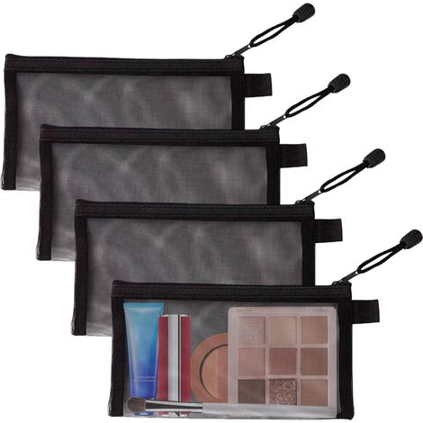 Lot de 4 pochettes de rangement transparentes en filet avec fermeture éclair, idéales pour le maquillage, les cosmétiques et les articles de toilette. Couleur : noir.