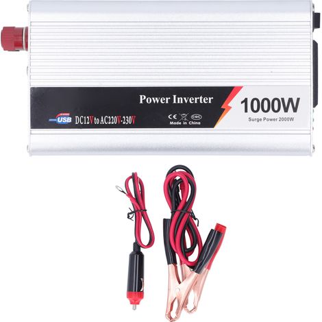 Inverter di potenza compatto generico da 1000 W per veicoli, interfaccia USB, inverter portatile per auto, ventola di raffreddamento silenziosa, da DC12V a AC220-230V, ideale per viaggi su strada.