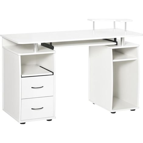 Design moderne blanc bureau informatique avec rehausse écran, tablette clavier et 2 tiroirs pour espace de travail (1/5)