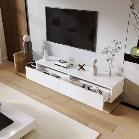 Meuble tv bas 180cm blanc brillant et effet bois, avec étagères en verre et éclairage led (1/5)