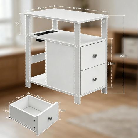 Tavolino laterale 60x30x60 cm bianco in legno con presa elettrica e 2 cassetti (1/3)