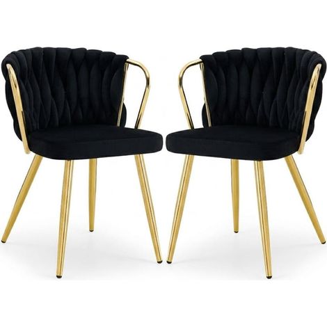 Chaise velours noir dossier tressé pieds dorés, ergonomique 80cm (1/5)