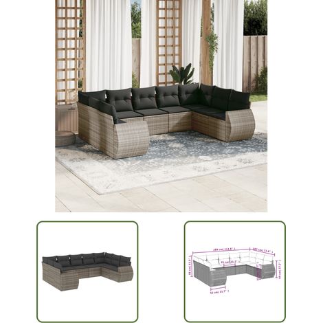 The Living Store 9-tlg. Garten-Sofagarnitur mit Kissen Grau Poly Rattan - Gartenmöbel - Outdoor Möbel - Lounge Set - Rattan Gartenset - Esstischgarnitur (1/3)