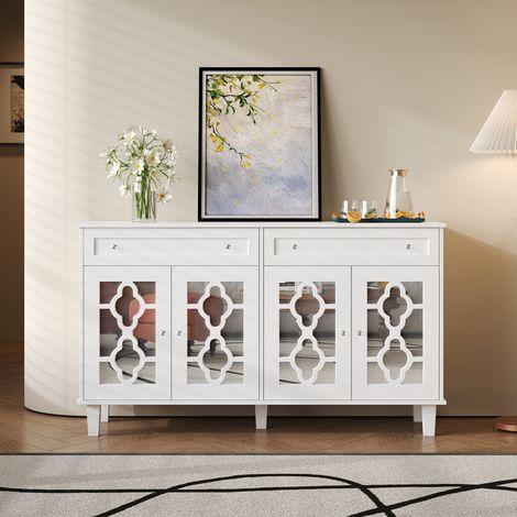 Sideboard mit 4 Spiegeltüren, 2 Schubladen, verstellbaren Regalböden, weißes MDF (1/5)