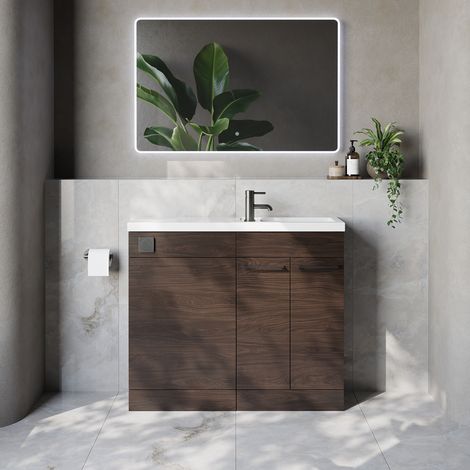 Napoli 250 Brown Oak 1000mm 2 Door Vanity Unit Toilet Suite with Square Silvo Basin - 1000mm - Gunmetal Grey 160mm HandleWithout Kingston Toilet Pan