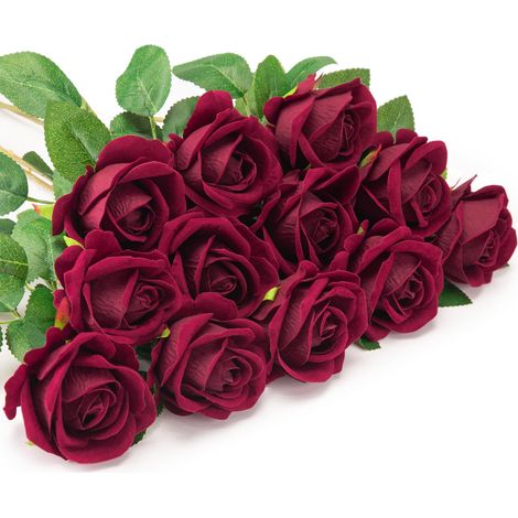 12 roses artificielles, fausses fleurs en flanelle, fleurs à tige longue unique avec boutons de rose (rouge vin)