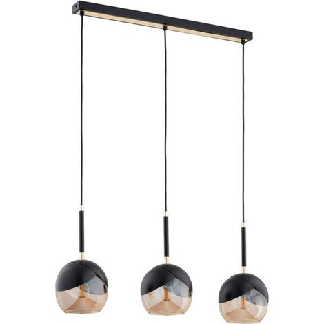 Alfa Miltona Linear Pendant Light 70cm Black & Gold Metal with 3 Glass Globe Shades, 3x E27 (max 15W), Dimmable Kitchen Island/Dining Room Ceiling Hanging Lamp, 85cm Height