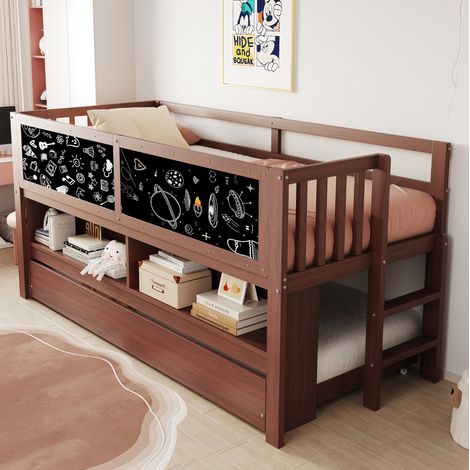 Cama infantil 90x200 cm marrón de madera con cama nido, pizarra y estantes (1/5)