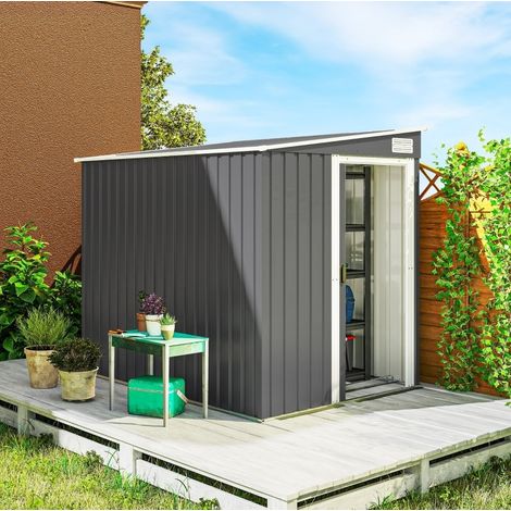 Caseta de jardín de metal 2,81 m² 154 x 206,5 x 181 cm gris oscuro con tejado a un agua y base (1/5)