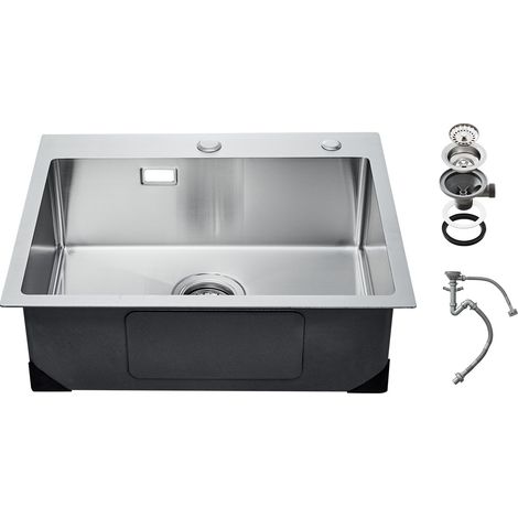 Évier de cuisine 68 cm à poser, acier inoxydable 304, cuve unique style ferme avec accessoires, lave-vaisselle, camping-car, bar (1/5)