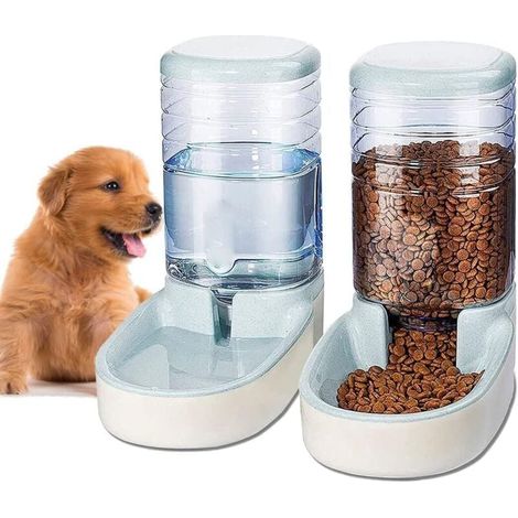 Distributeur Croquettes Chat, Chien, Automatique, 2 Unités, 3.8 L, Gamelle à Nourriture et à Eau pour Animaux de Compagnie (Gris) (1/4)