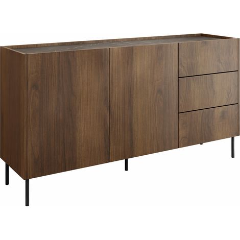 Mobilier1 – Commode Belviro 101 – Stratifié Noyer et Marbre noir – Mécanisme de fermeture silencieuse – Pieds en métal – Dimensions 78x160x37cm (1/5)