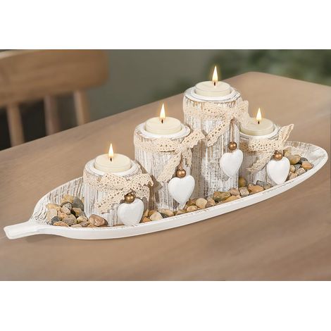 Lot de 4 Porte-bougies, Bois, Plateau cœur, Décoration table, Salon (1/5)