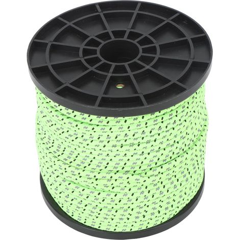 Corde en polyester 4mm 50m pour randonnée et camping, tissée réfléchissante verte fluo, idéale sac à dos et voyage. (1/5)