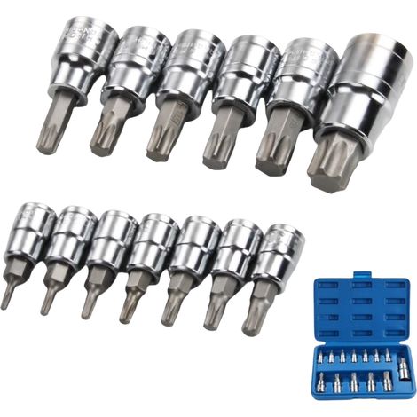 13 Pcs Coffret clés à douille Torx,T8 - T60 Jeu de Douilles à Embouts,Douilles Torx Femelle,Torx Bit Socket Set,Acier au Chrome Vanadium 1/4", 3/8" Drive (1/5)