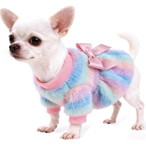 Robe en Peluche Arc-en-Ciel pour Chien et Chat Vêtement Chaud d'Hiver Doux Pull Rembourré avec Nœud Papillon pour Chiot Chihuahua Automne Hiver (1/5)