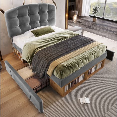 Cama tapizada con almacenaje y cabecero ajustable OKMYHOME (1/5)