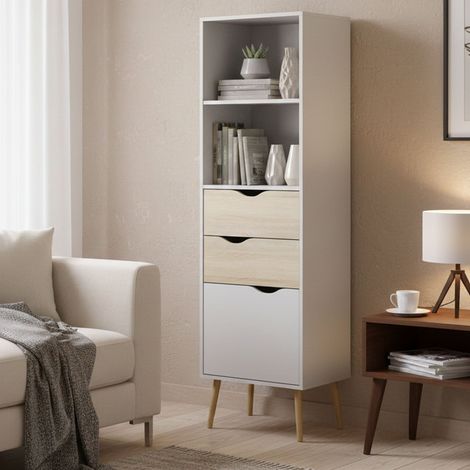 Dmora – Bibliothèque scandinave 50x39x171 cm – 2 étagères, 2 tiroirs, 1 porte – Panneau mélaminé blanc et chêne – Design moderne peu encombrant (1/5)
